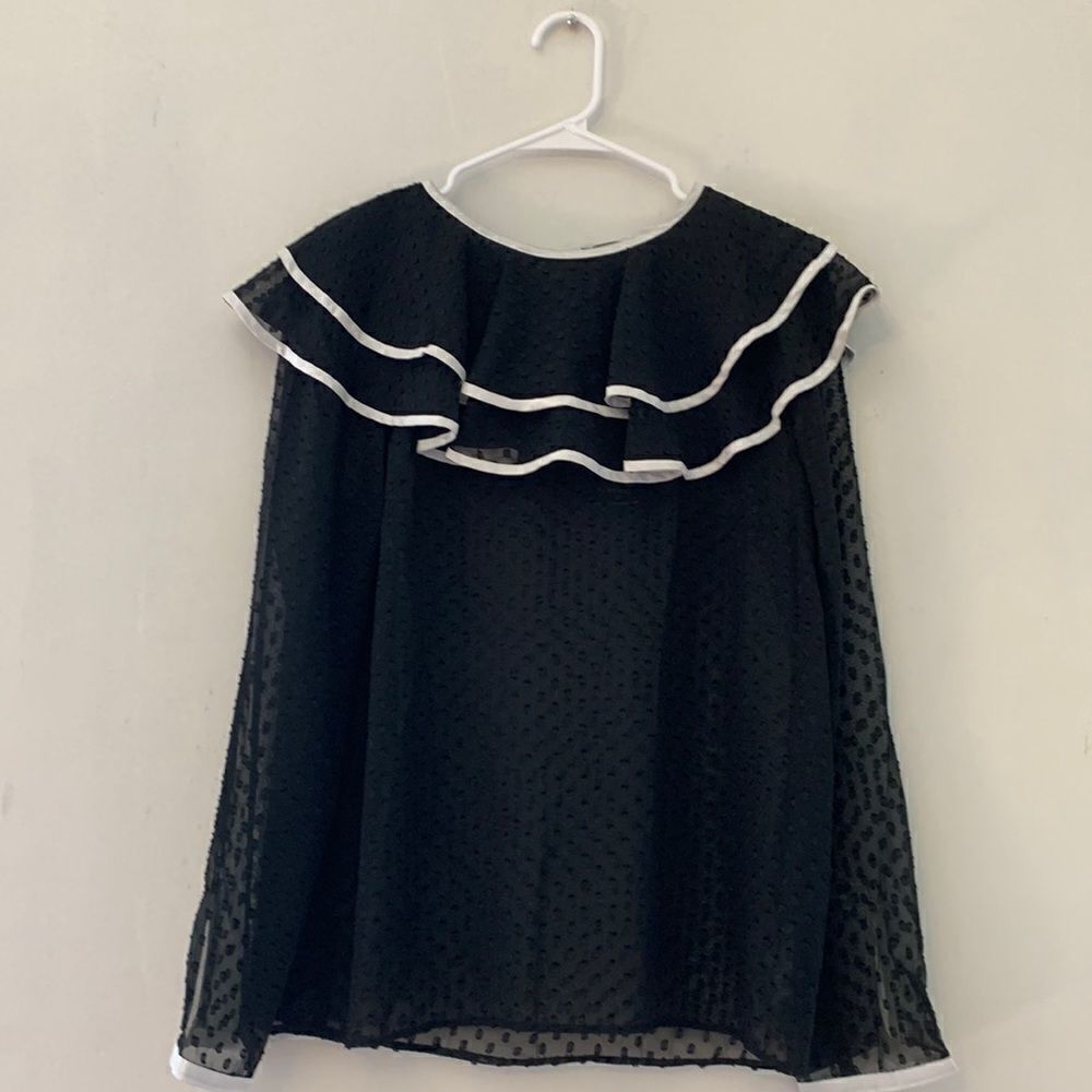 VERTIGO BLOUSE black/ivory long sleeve sheer top Ruffle Size M NWT
